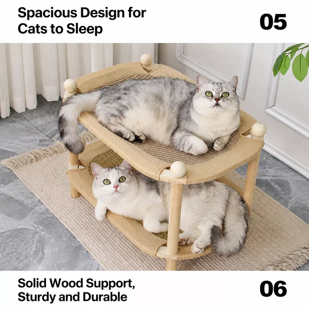 Two-Tier Wooden Cat Bed with Sisal Scratching Mat