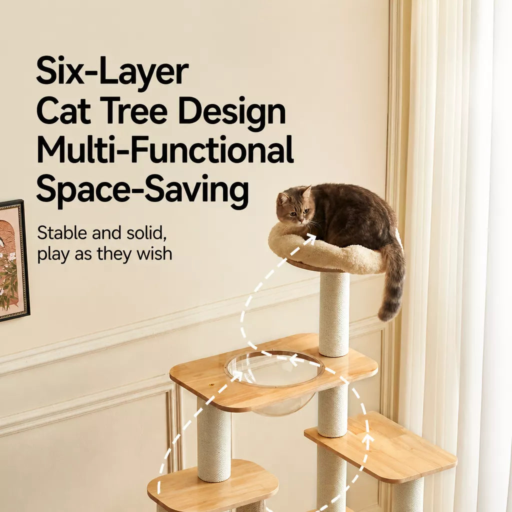Solid Wood Cat Tree with Scratching Post and Hideaway