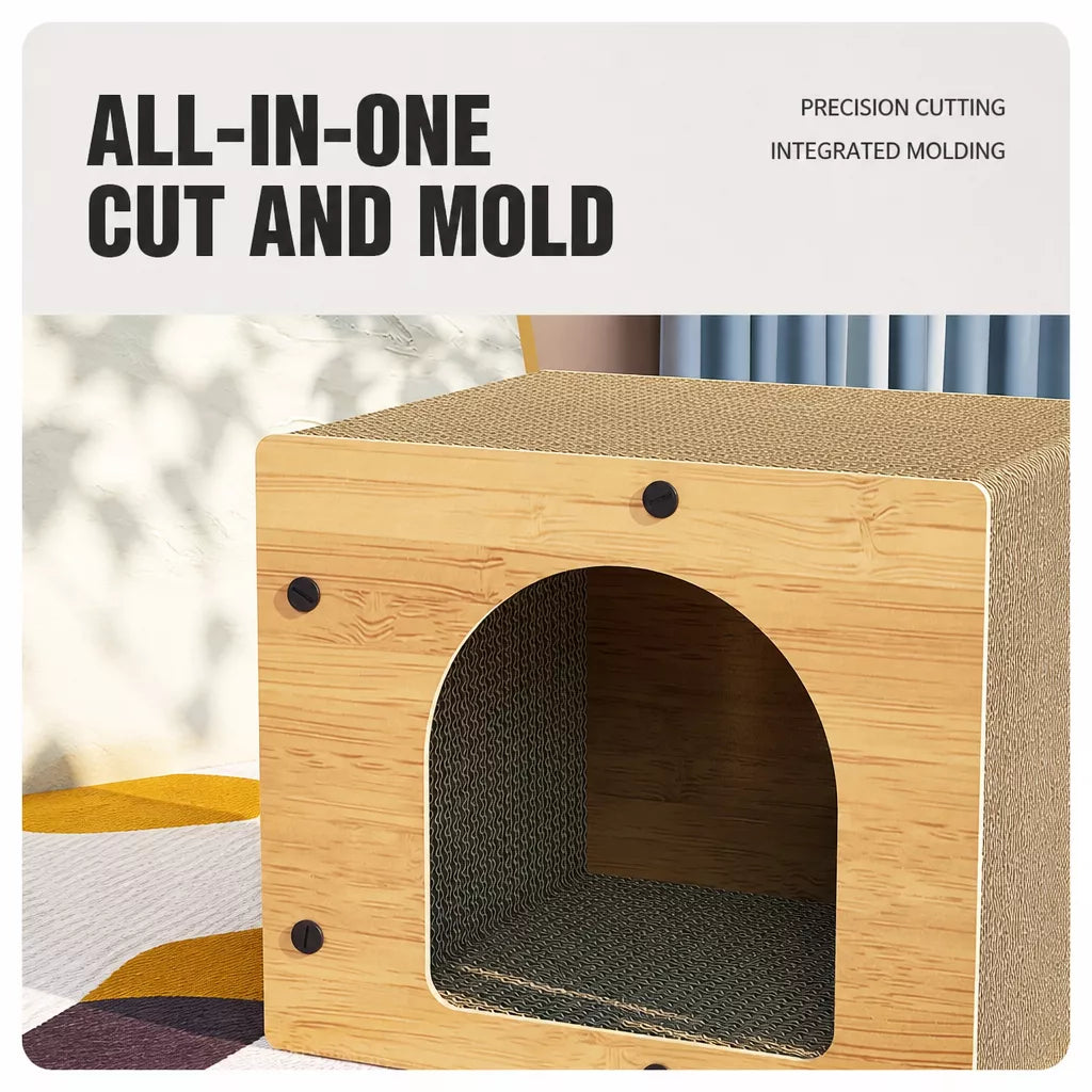 Corrugated Cardboard Cat House with Integrated Scratching Surface