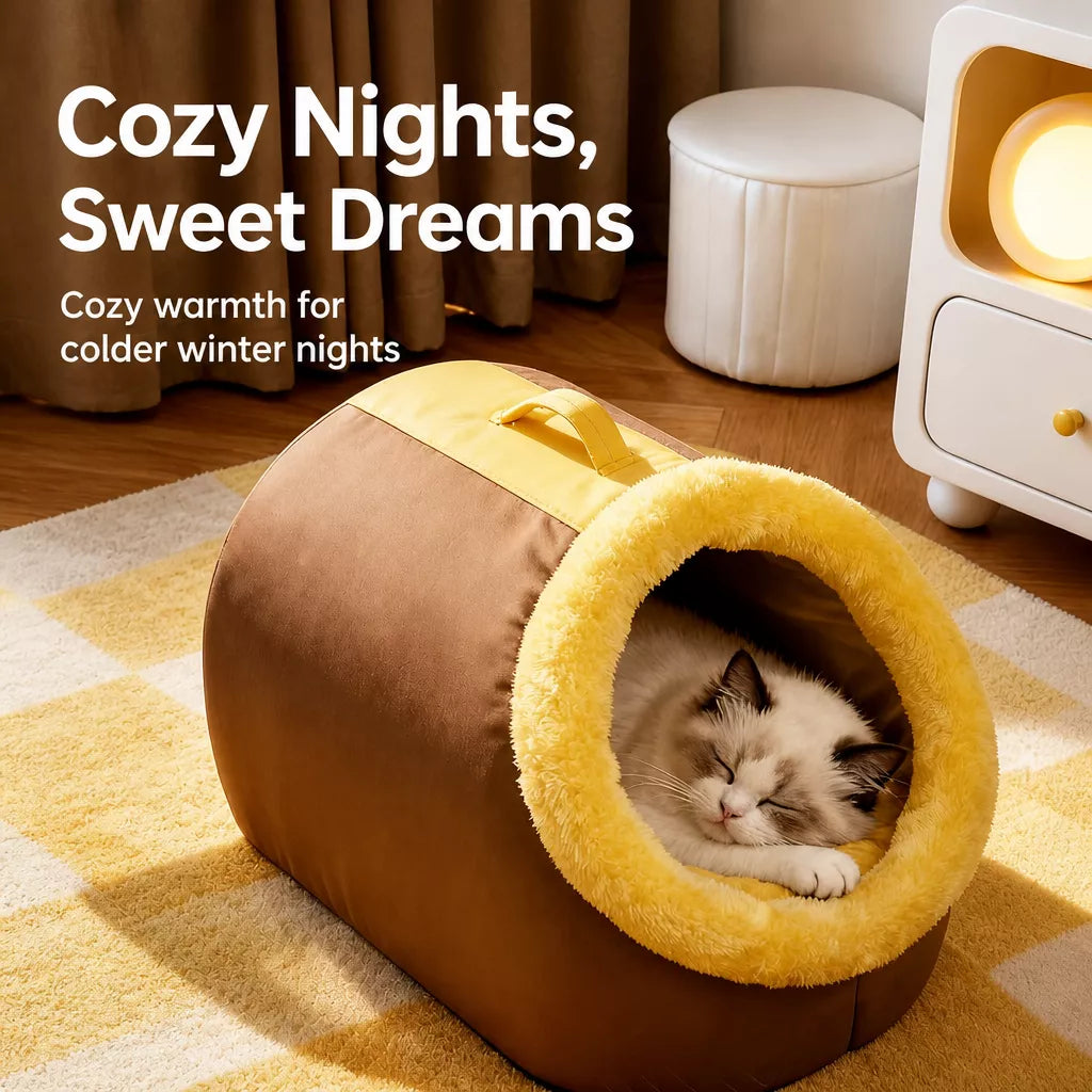 Enclosed Plush Pet Cave Bed with Carry Handle