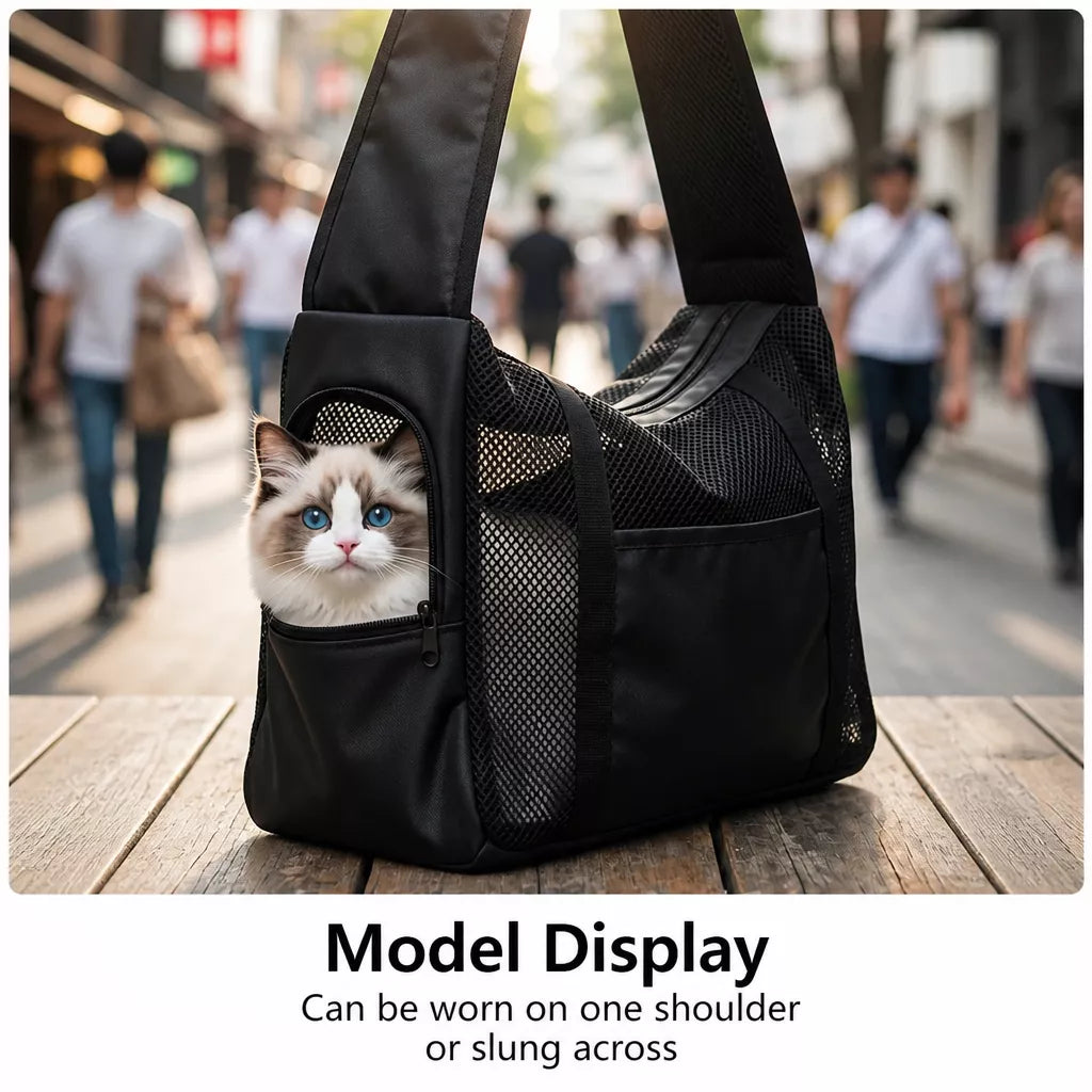 Faux Leather Mesh Crossbody Pet Carrier for Cats and Small Dogs