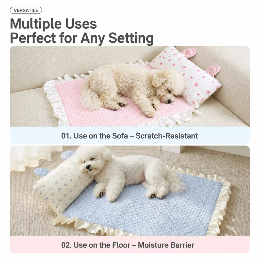 Cotton-Linen Pet Mat with Bunny-Ear Pillow for Cats and Dogs