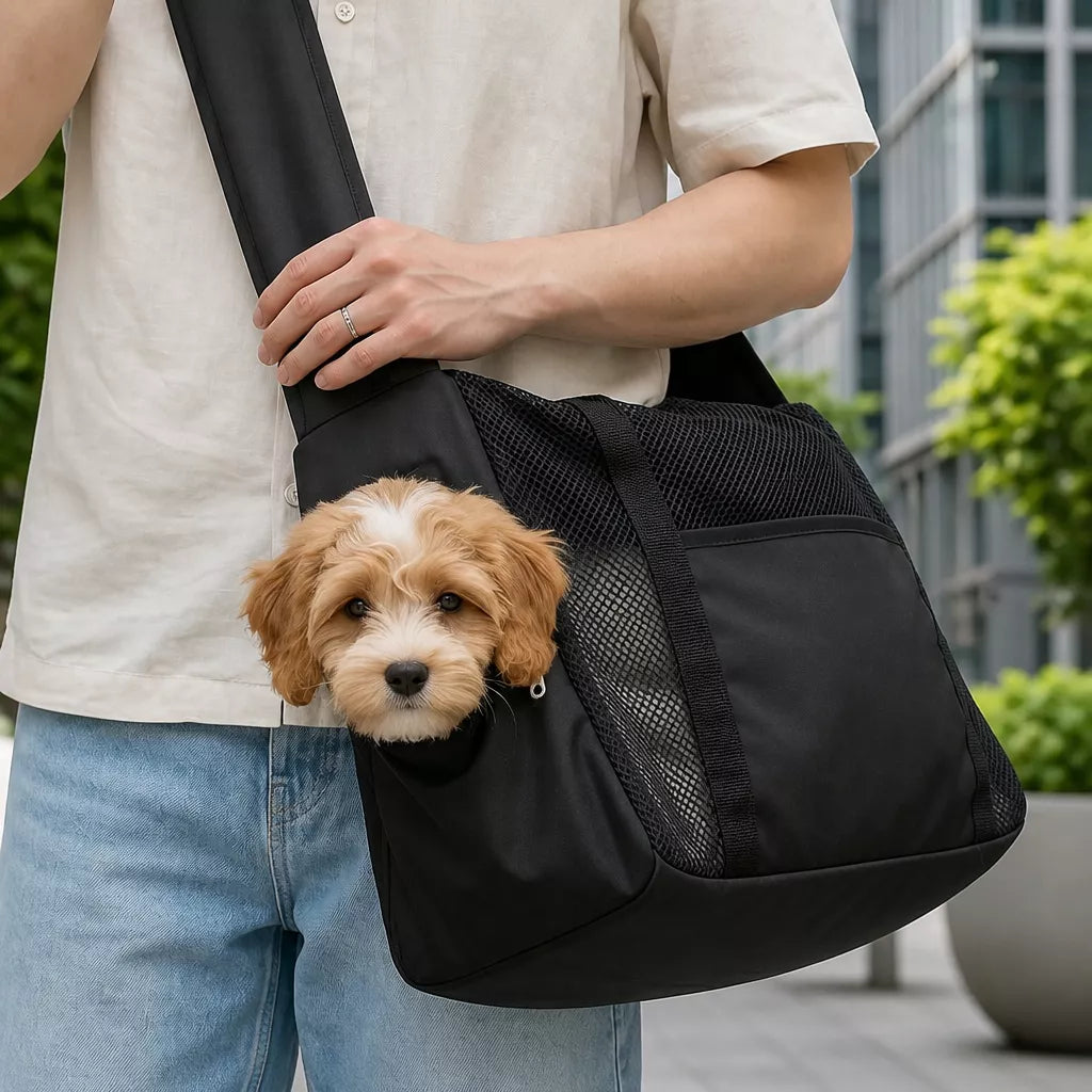 Faux Leather Mesh Crossbody Pet Carrier for Cats and Small Dogs