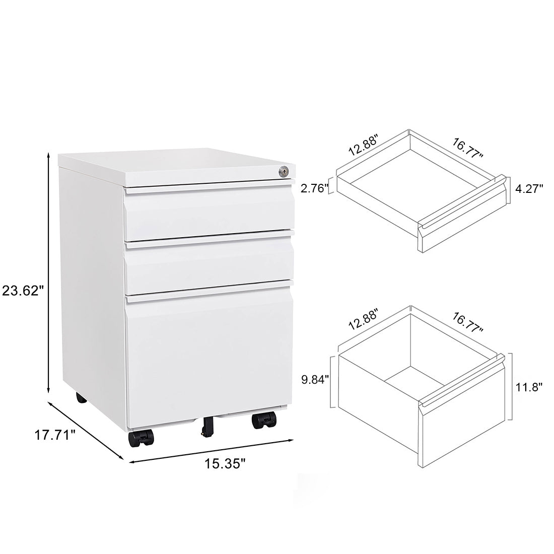 3-Drawer Mobile File Cabinet with Lock, Office Storage Filing Cabinet for Legal/Letter Size, Pre-Assembled Metal File Cabinet Except Wheels Under Desk(White) W124770977-djyc