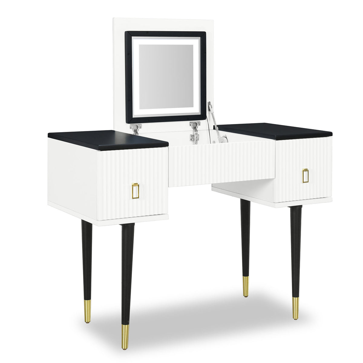 43.3" Modern Vanity Table Set with Flip-top Mirror and LED Light, Dressing Table with Customizable Storage, White and Black WF305842AAA-djyc