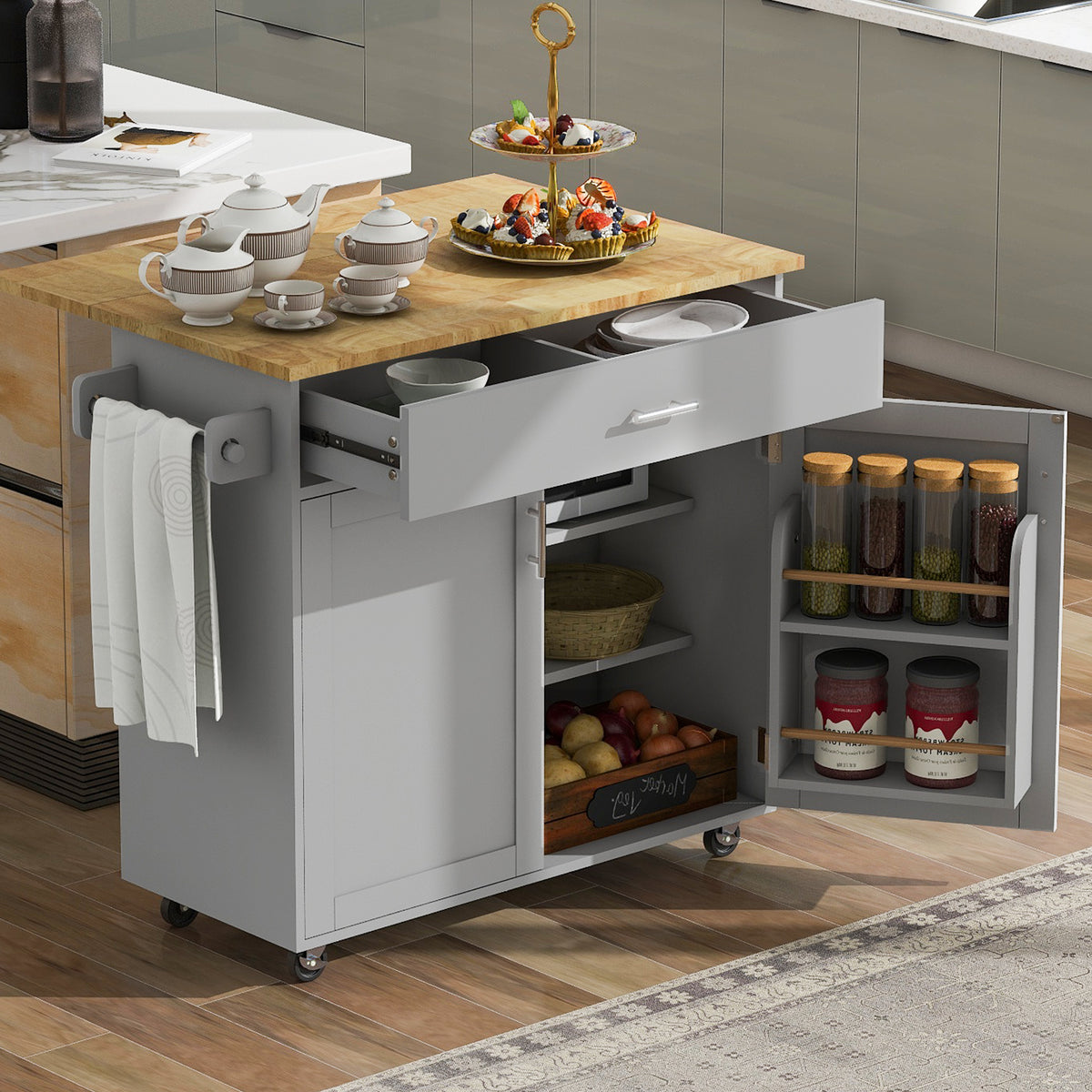 K&K Rolling Kitchen Island with Storage, Kitchen Cart with Rubber Wood Top, Spacious Drawer with Divider and Internal Storage Rack, Kitchen Island on Wheels with Adjustable Shelf Tower Rack, Grey WF316601AAG-djyc