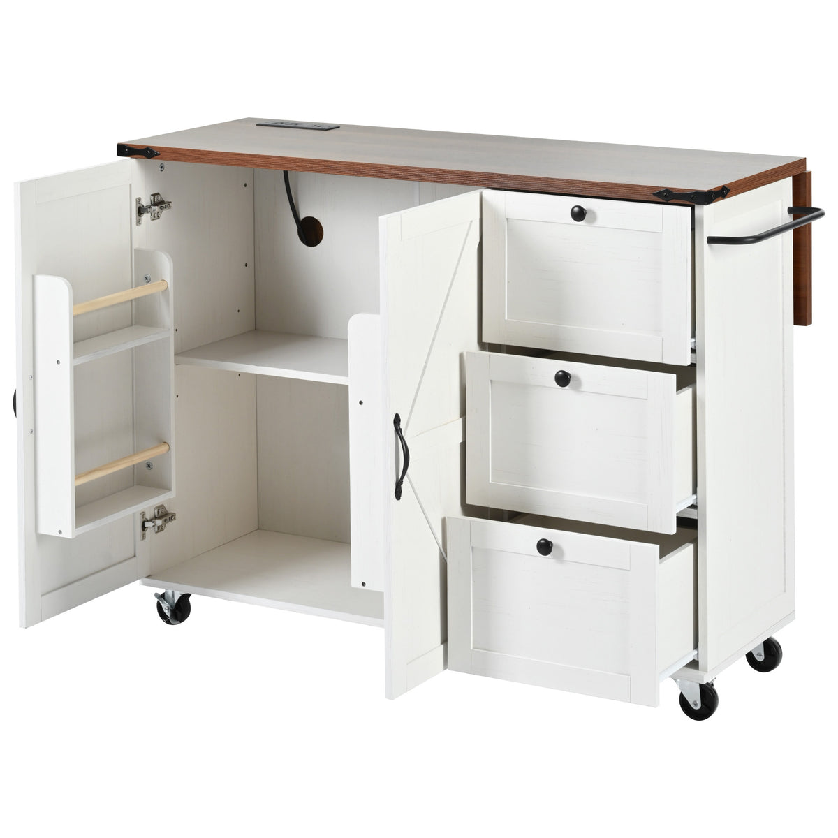 K&K 54.5" Farmhouse Kitchen Island with Power Outlet, Kitchen Storage Islandwith Internal Storage Rack, Drop Leaf, Spice Rack, Rolling Kitchen Cart on Wheels, for Home, Kitchen and Dining Room,White N707P170349W-djyc