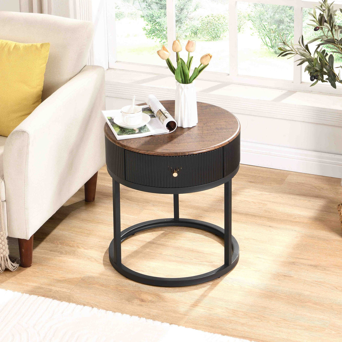 Round Nightstand with Drawer, 19.68 Inch Wood End Table with Storage, Small Table or Living Room, Bedroom and Small Spaces W821P184398-djyc