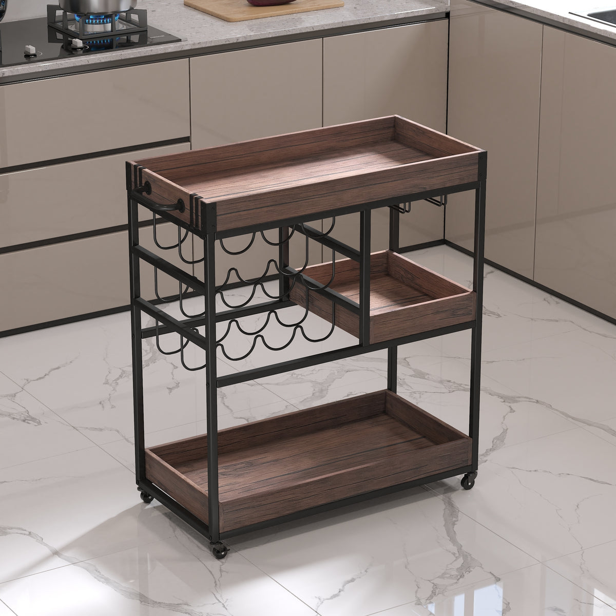 3 Tier Industrial Rolling Serving Cart with Lockable Wheels, Wine Rack Cart with Glass Holder for Indoor and Outdoor, Beverage Trolley cart with 2 Removable Tray, W2557P195401-djyc