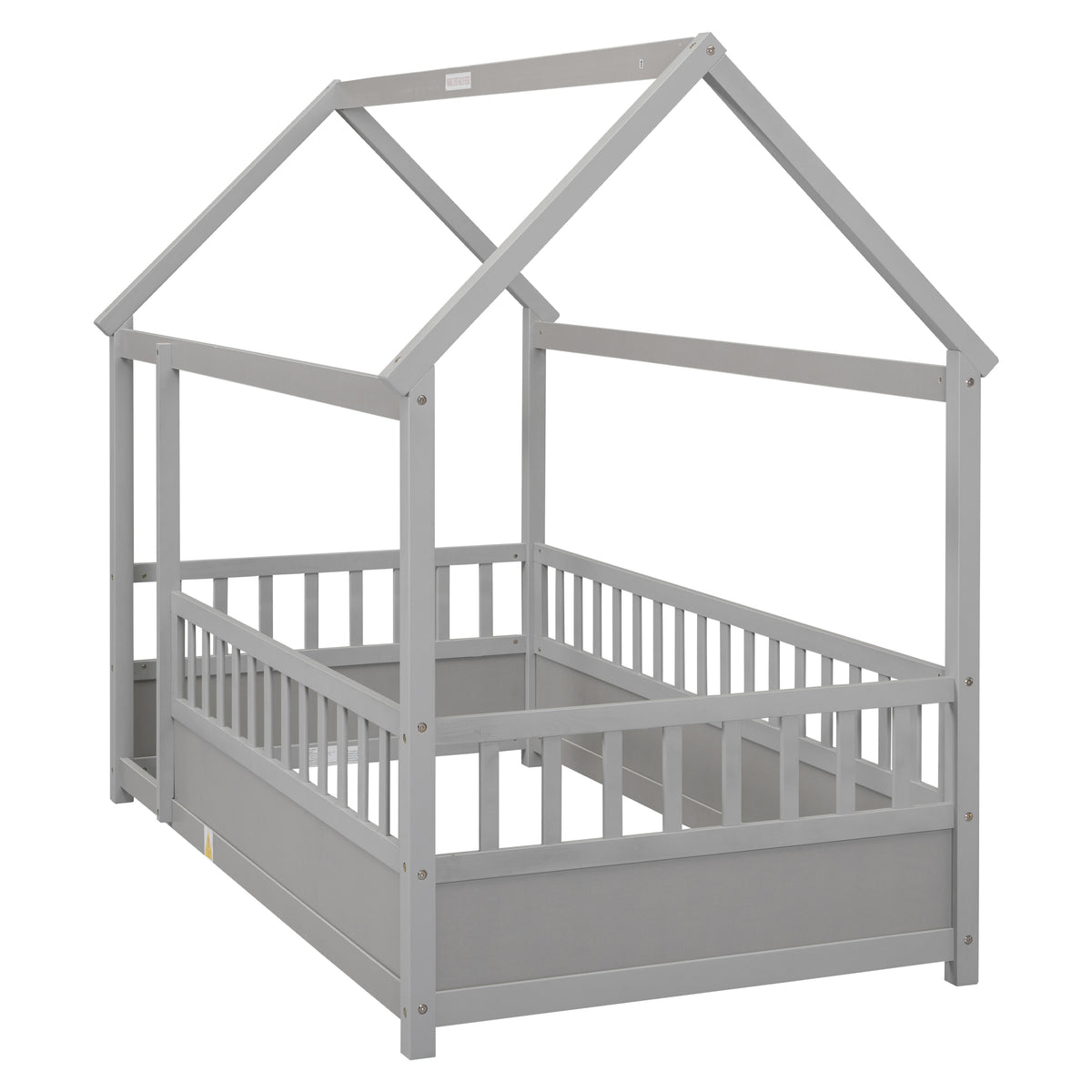 Twin Size Floor Wooden Bed with House Roof Frame, Fence Guardrails,Grey W1858123985-djyc
