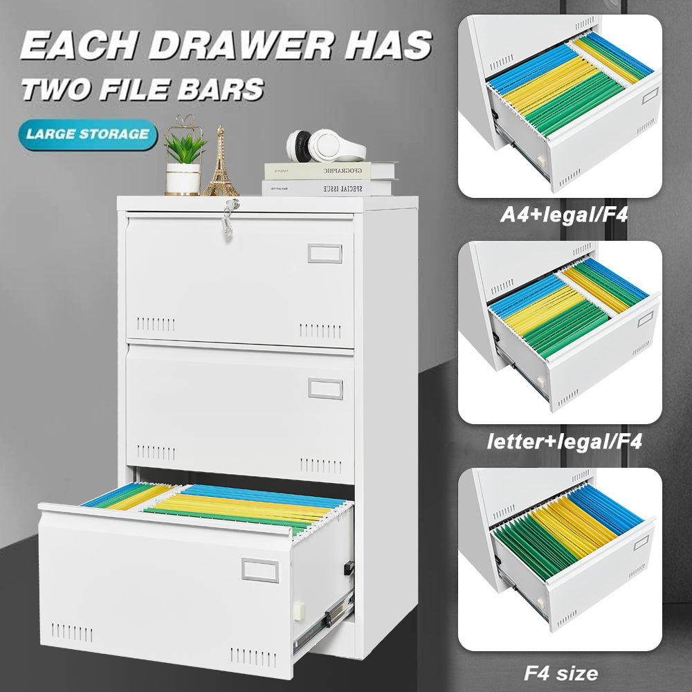 Filing Cabinet Lateral File Cabinet 3 Drawer, White Filing Cabinets with Lock, Locking Metal File Cabinets Three Drawer Office Cabinet for Legal/Letter/A4/F4 Home Offic W1247118745-djyc