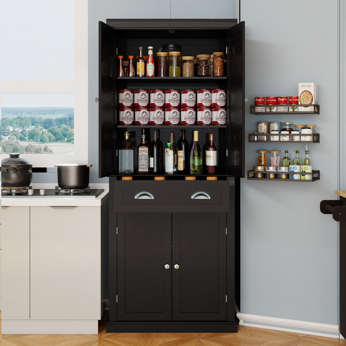 71" Kitchen Pantry Storage Cabinet , with 4 Doors, Drawer, 2 Adjustable Shelves, Freestanding Cupboard for Dining Room Living Room, Laundry-Black W282S00032-djyc