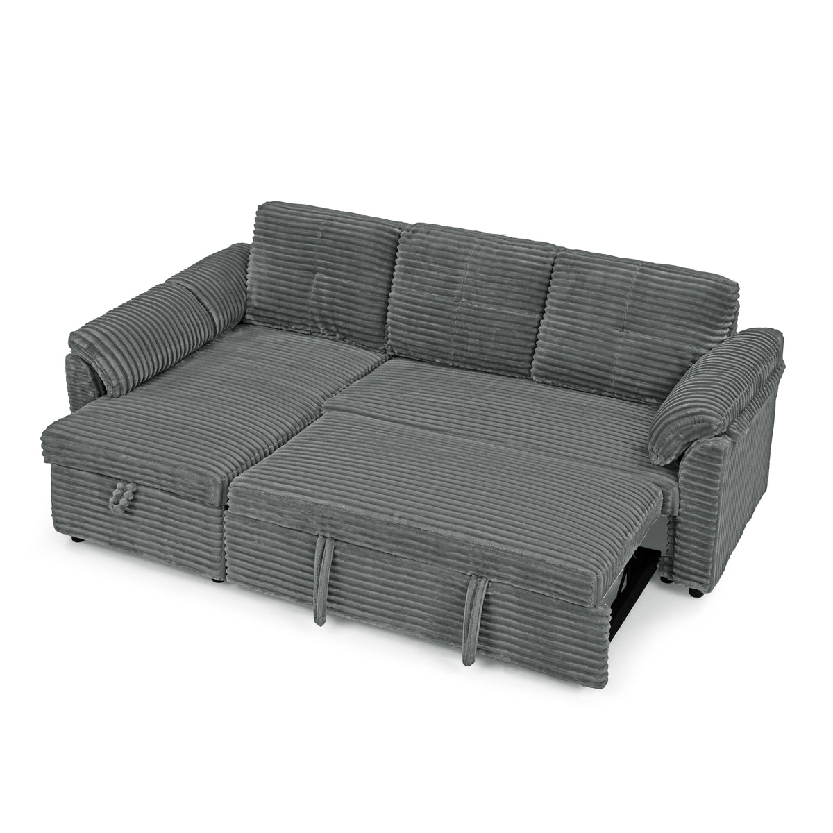 Corduroy Tufted Upholstered Sleeper Sectional Sofa, L-Shaped Modular Convertible Sofa with Storage Chaise, Pull Out Sleep Couch Bed and Reclining Backrest Perfect for Living Space,Grey W487S00225-djyc