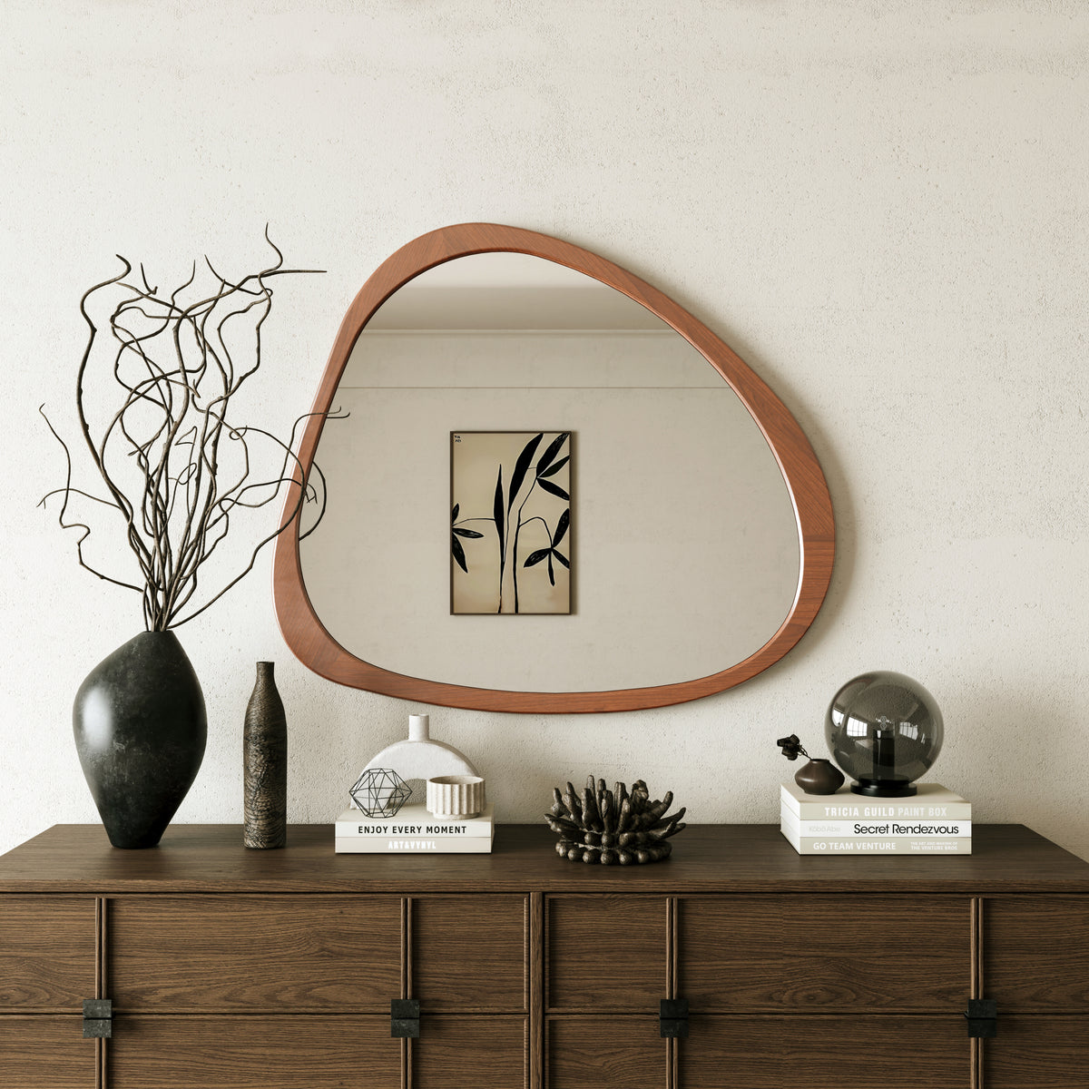 Solid Wood Mirror 45 Inch Asymmetrical Wall Mirror Wooden Framed Mirror Large Sized Dressing Mirror, for Living Room, Bedroom, Bathroom, Hallway or Entry Way W1435142944-djyc