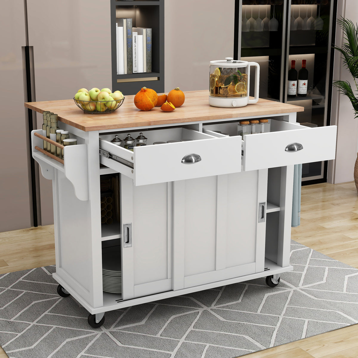 Kitchen Cart with Rubber wood Drop-Leaf Countertop, Concealed sliding barn door adjustable height,Kitchen Island on 4 Wheels with Storage Cabinet and 2 Drawers,L52.2xW30.5xH36.6 inch, White SK000001AAW-djyc