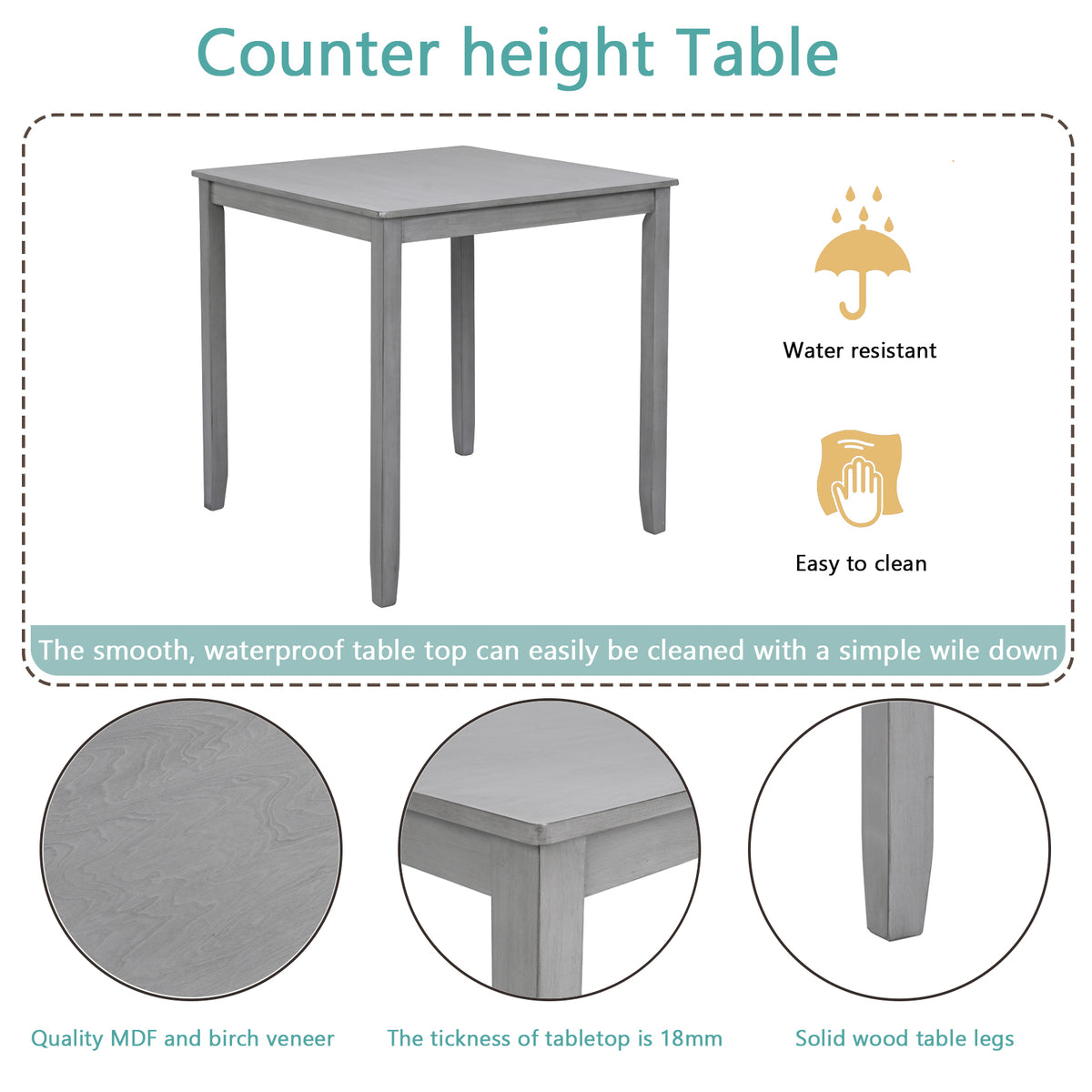 Wooden Dining Square Table, Kitchen Table for Small Space, 4 Person Counter Height Table, Gray,ONLY THE TABLE W1998126370-djyc