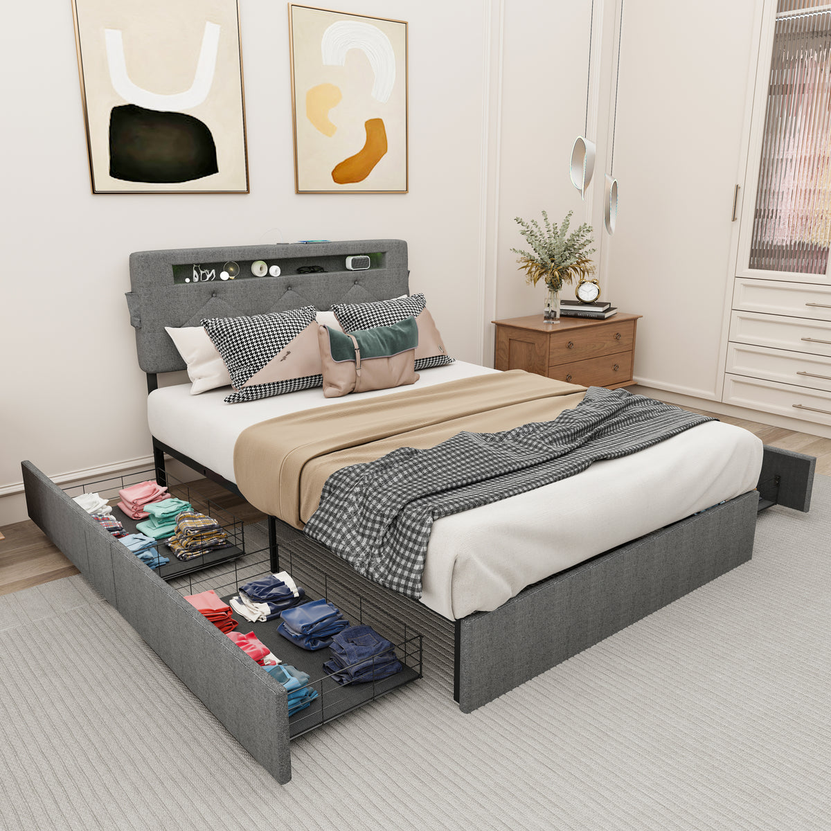 Full Bed Frame with USB Charging Station & LED Lights, Full Bed Frame with Headboard & 4 Storage Drawers, D W1960P175564-djyc