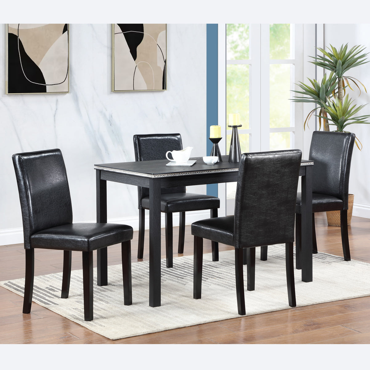 5 Piece Wooden Dining Table Set, Kitchen Table Set with a Rectangular Table and 4 Upholstered Chairs, Wooden Dining Room Table with Crystal Decoration and Chairs Set for Kitchen, Dining Room, Black W1998S00047-djyc