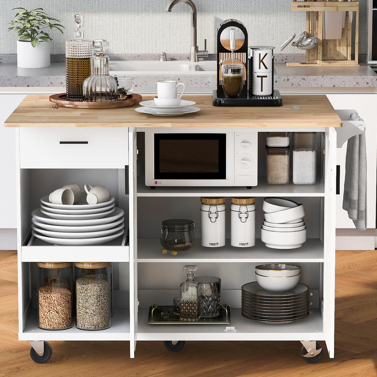 K&K Kitchen Island with Foldable Counter Top, Kitchen Storage Cart with Slide-Out Shelf, Towel Rack and Drawer, Rolling Kitchen Cart on Wheels, for Kitchen, Living Room, Dining Room, White N707P173036W-djyc