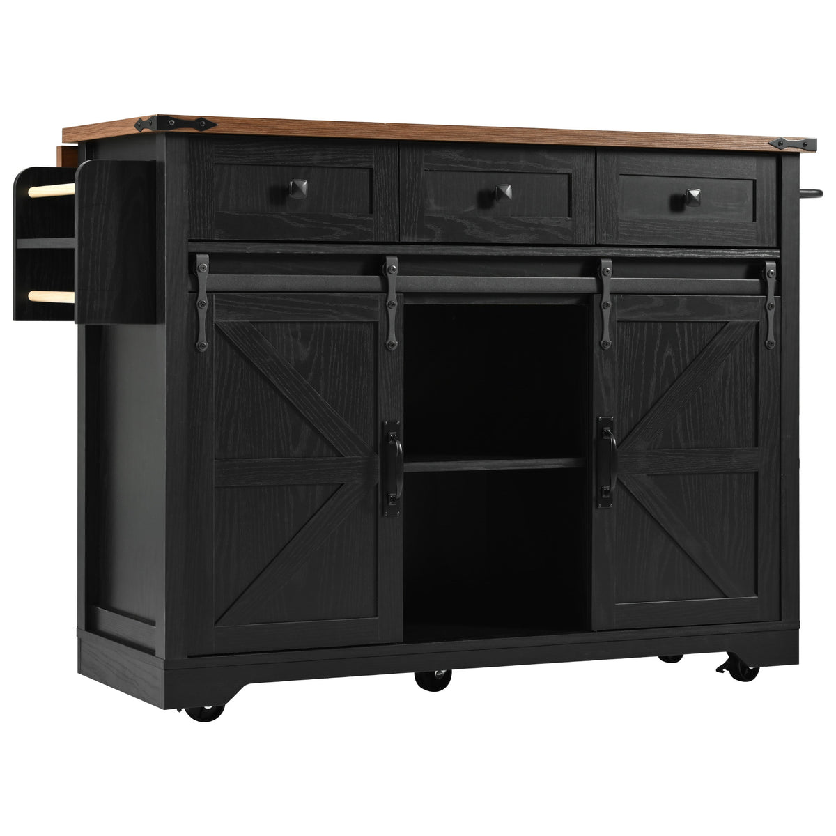 K&K 53.7" Farmhouse Kitchen Island with Power Outlet, 2 Sliding Barn Door Kitchen Storage Island with Drop Leaf, Spice Rack Rolling Kitchen Cart on Wheels, for Home, Kitchen and Dining Room, Black N707P170347B-djyc