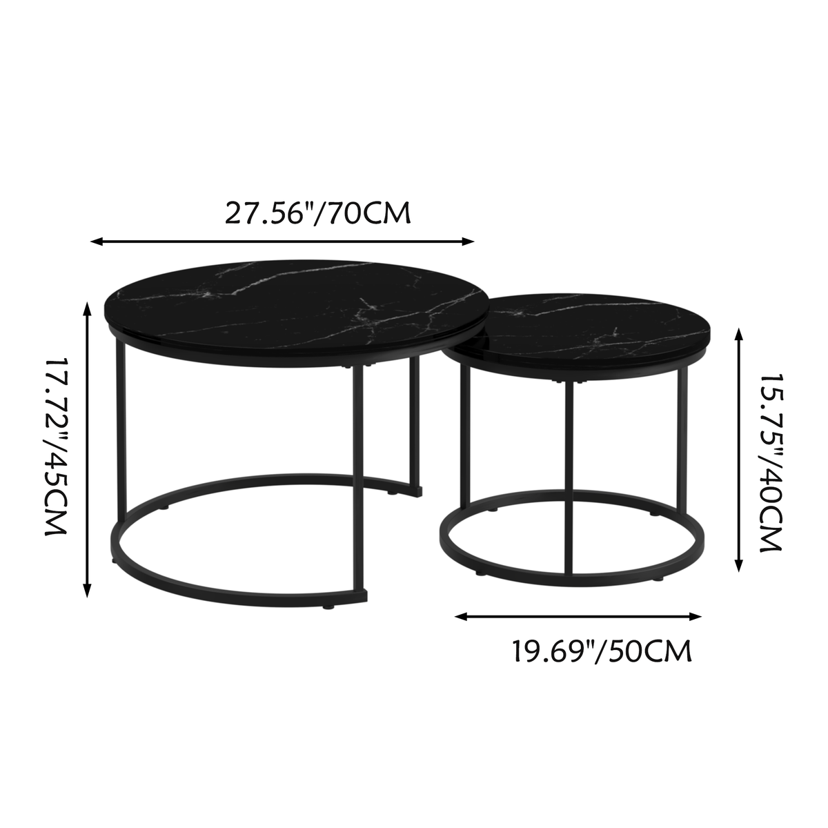 Nesting Coffee Table Set of 2, 27.6inch Round Coffee Table Wood Marble Pattern Top with Sturdy Metal Frame, End Table Side Tables for Living Room Bedroom Balcony Yard (Black) W808P176723-djyc