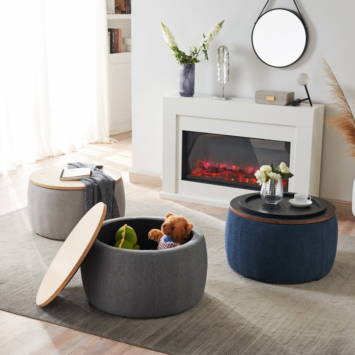 Round Storage Ottoman, 2 in 1 Function, Work as End table and Ottoman, Navy (25.5"x25.5"x14.5") W48735176-djyc