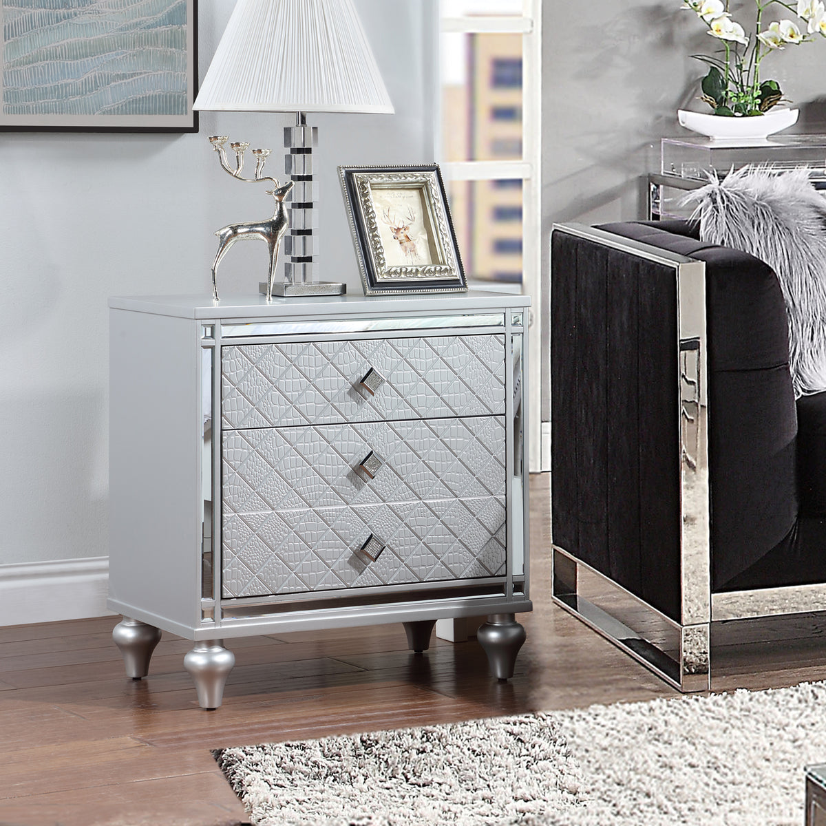 Contemporary Nightstands with mirror frame accents, Bedside Table with two drawers and one hidden drawer, End Table with Crystal Pull for Living Room,Bedroom, Silver W1998131731-djyc