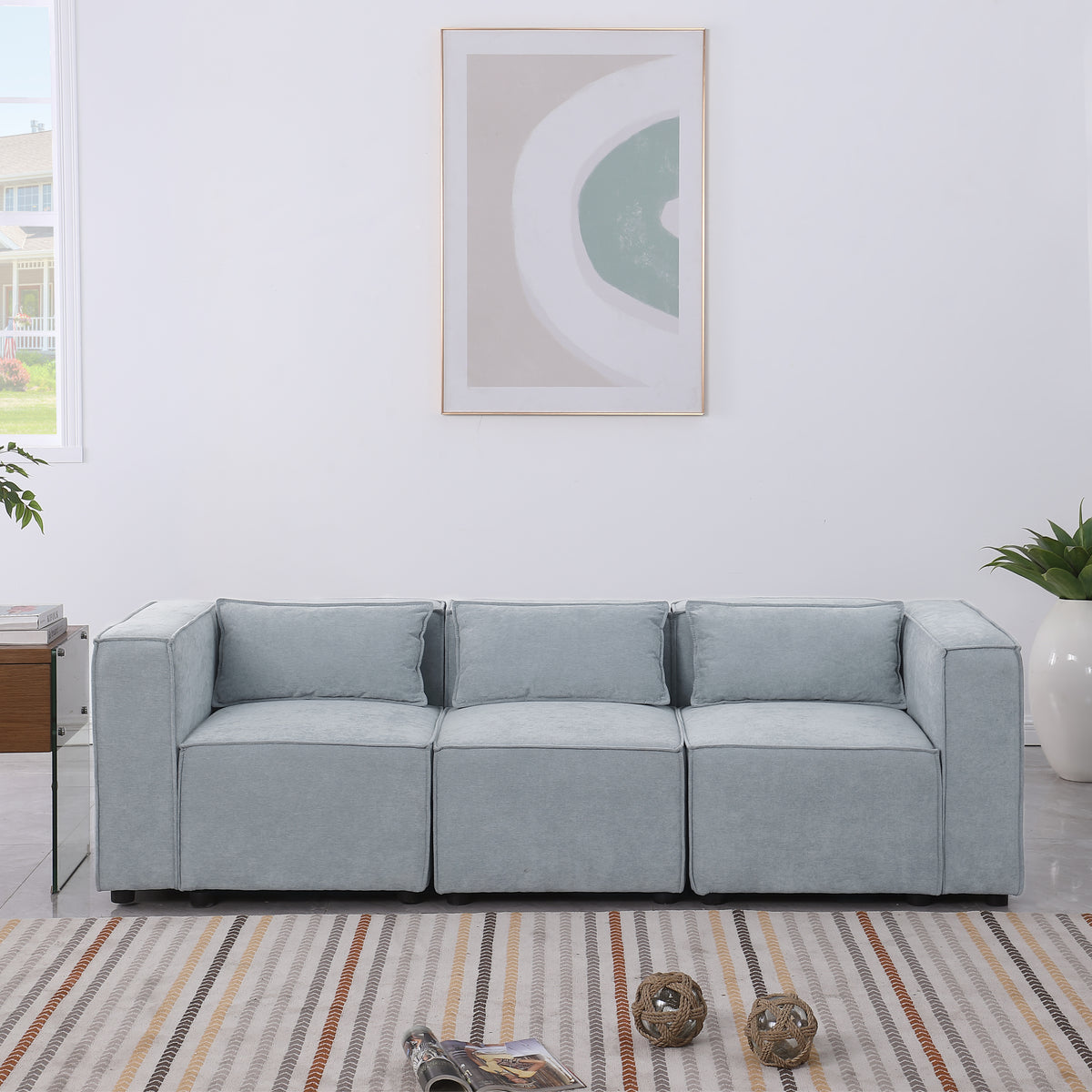 modular sofa Grayish bluechenille fabric,simple and grand, the seat and back is very soft. this is also a KNOCK DOWN sofa W1099S00113-djyc