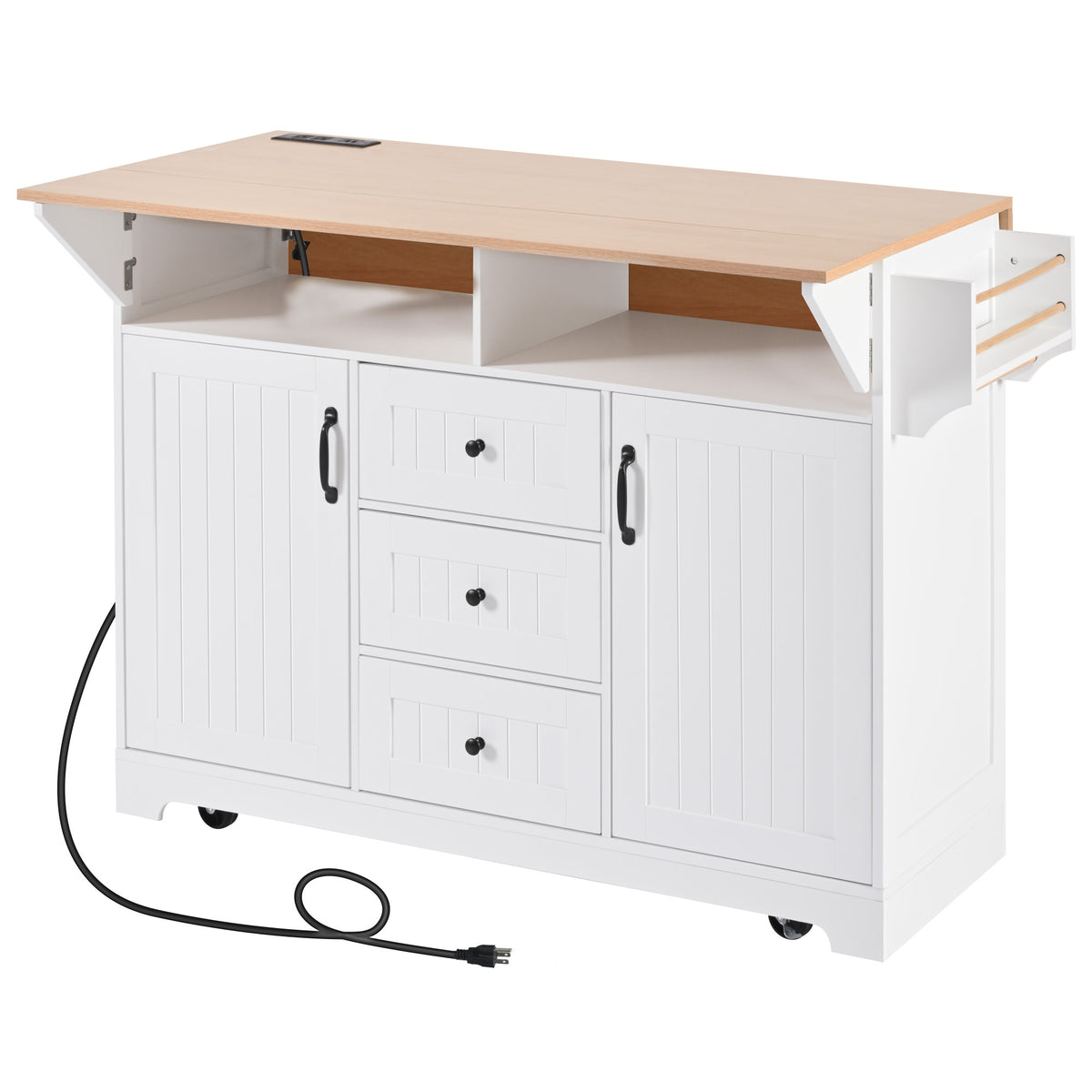 K&K 55.7'' Large Kitchen Island with 2 Drop Leaf,, Rolling Kitchen Cart on 5 Wheels with Power Outlet, Folding Storage Dining Table with Spice & Towel Rack , 3 Drawers, for Kitchen, Dining Room,White N707P186617W-djyc