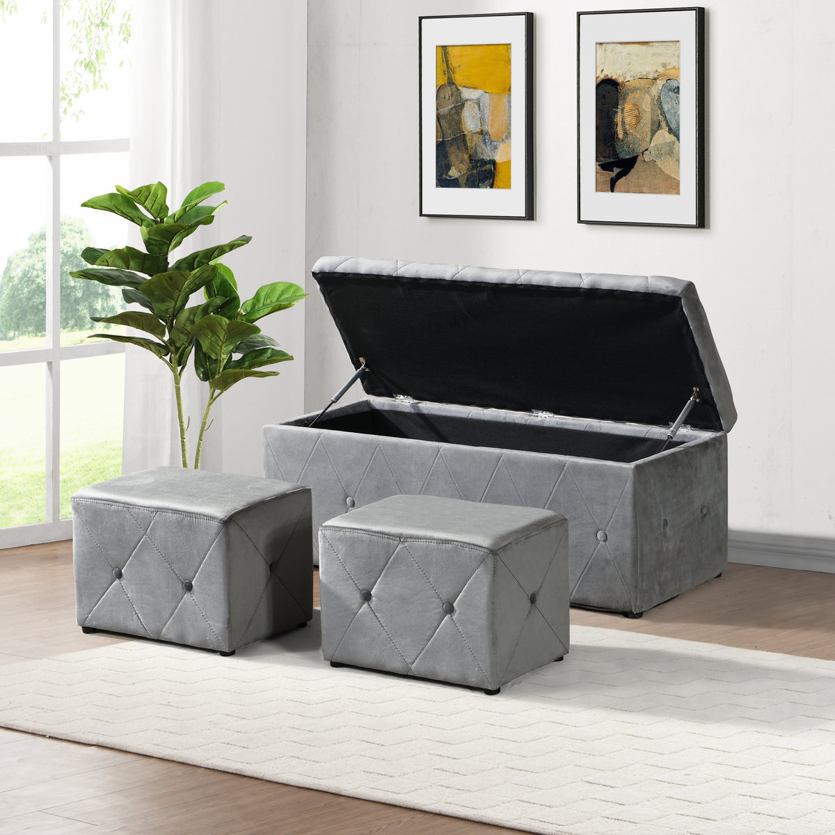 1 Piece Rectangular Storage Ottoman Short velvet with 2 Set Ottomans (Light Gray) W136060471-djyc