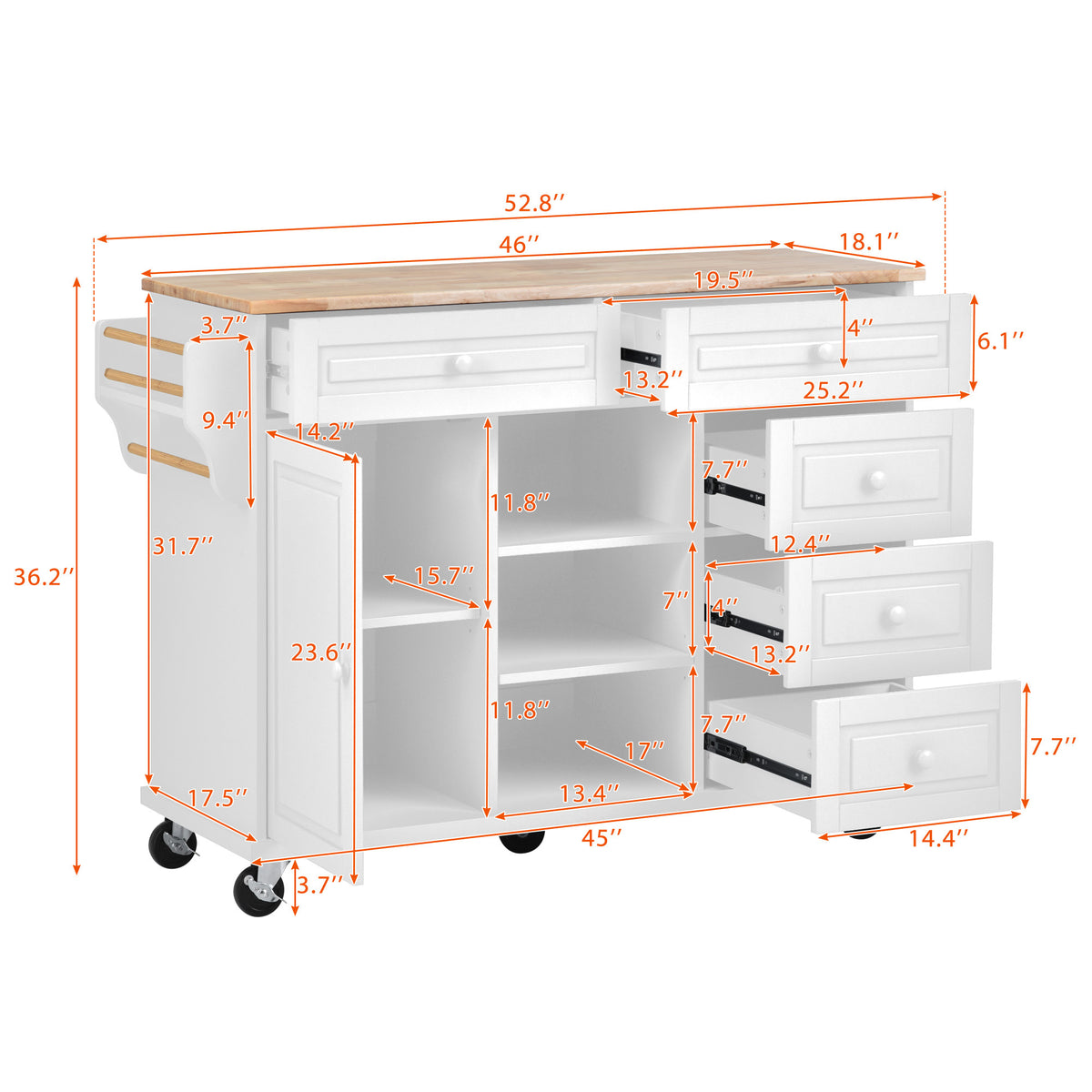 Kitchen cart with Rubber wood desktop rolling mobile kitchen island with storage and 5 draws 53 Inchlength(White) WF297003AAW-djyc