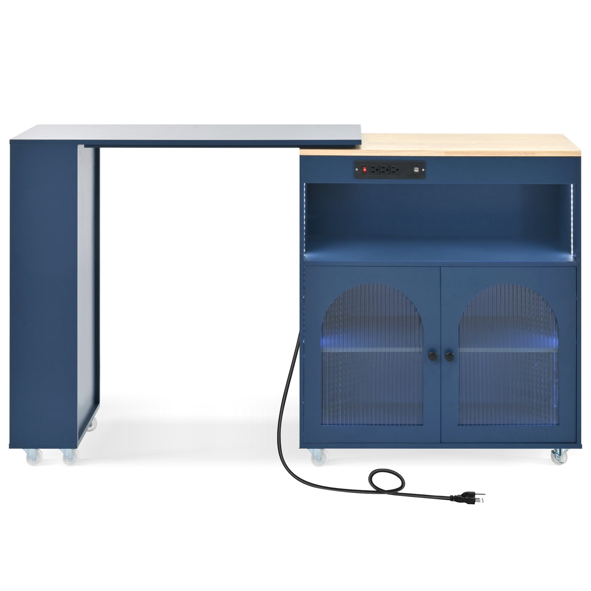 K&K Rolling Kitchen Island With Extended Table, Kitchen Island on Wheels with LED Lights,Power Outlets and 2 Fluted Glass Doors, Kitchen Island with a Storage Compartment and Side 3 Open Shelves, Navy WF316018AAN-djyc