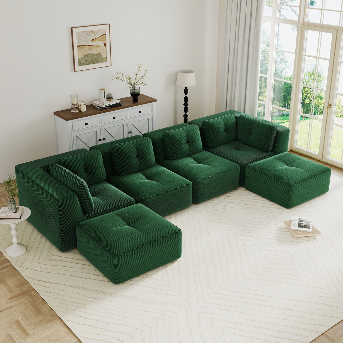 Modern U-Shaped Modular Sectional Sofa for Living Room, Corduroy Fabric,4-Seater Couch with Deep Seat and 2-Movable Ottoman,Pearl-like piping, Tufted Design, No Assembly, Anti-slip Design, Green-W714S01800