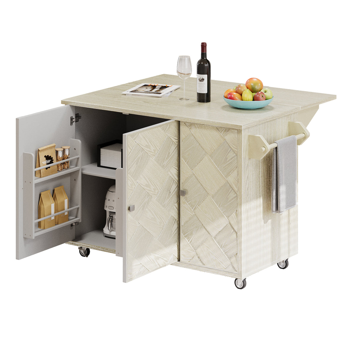 K&K 51.2"W Ash Veneer (Not Cheap Paper) Solid Wood Handwoven Kitchen Island with Drop Leaf, Coastal Kitchen Island on Wheels with Internal Storage Rack, Rolling Kitchen Cart, Champagne N707P207916X-djyc