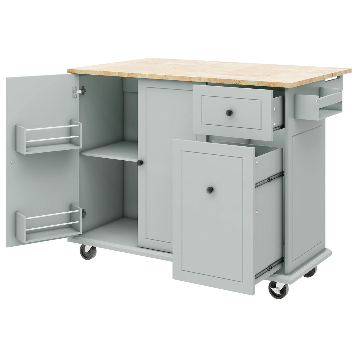 Kitchen Island with Drop Leaf, 53.9" Width Rolling Kitchen Cart on Wheels with Internal Storage Rack and 3 Tier Pull Out Cabinet Organizer, Kitchen Storage Cart with Spice Rack, Towel Rack (Grey Blue) WF312383AAG-djyc