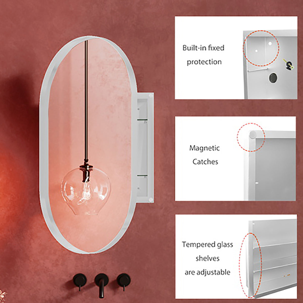 20x34 Inch Oval Recessed Medicine Cabinet, Metal Framed Bathroom Wall Cabinet with Mirror and Adjustable Shelves, Wall Mirror with Storage for Bathroom, White W1435P201161-djyc