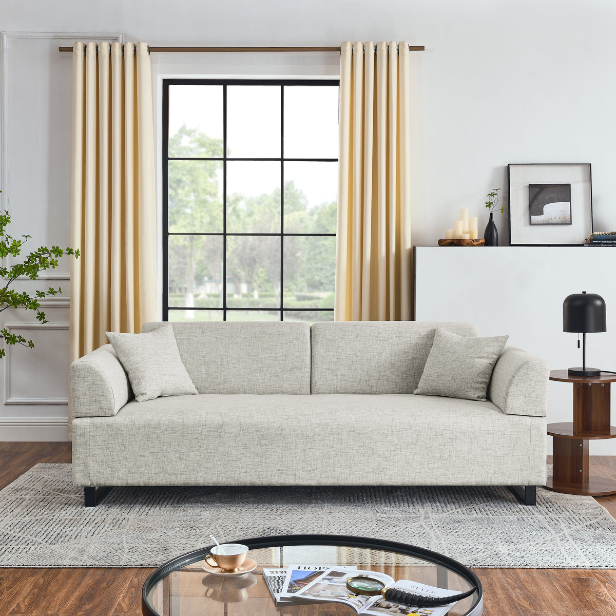 Linen Fabric 3 Seat Sofa with Two End Tables and Two Pillows, Removable Back and Armrest, Morden Style Upholstered 3-Seat Couch for Living Room W487139513-djyc