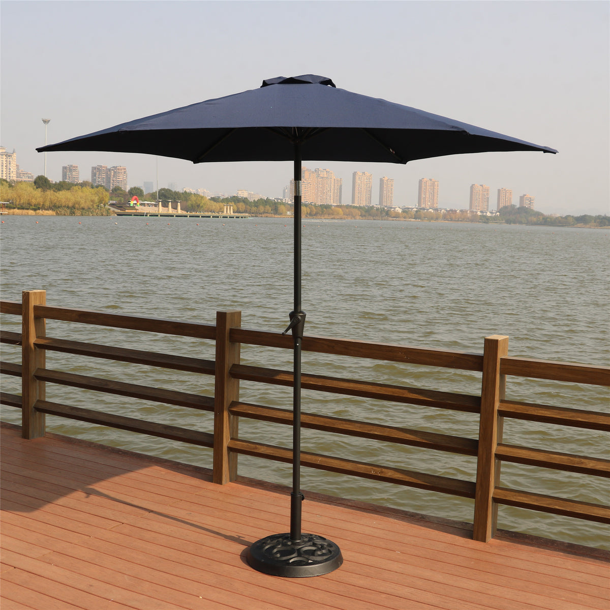 8.8 feet Outdoor Aluminum Patio Umbrella, Patio Umbrella, Market Umbrella with 33 pounds Round Resin Umbrella Base, Push Button Tilt and Crank lift, Navy Blue B010S00243-djyc