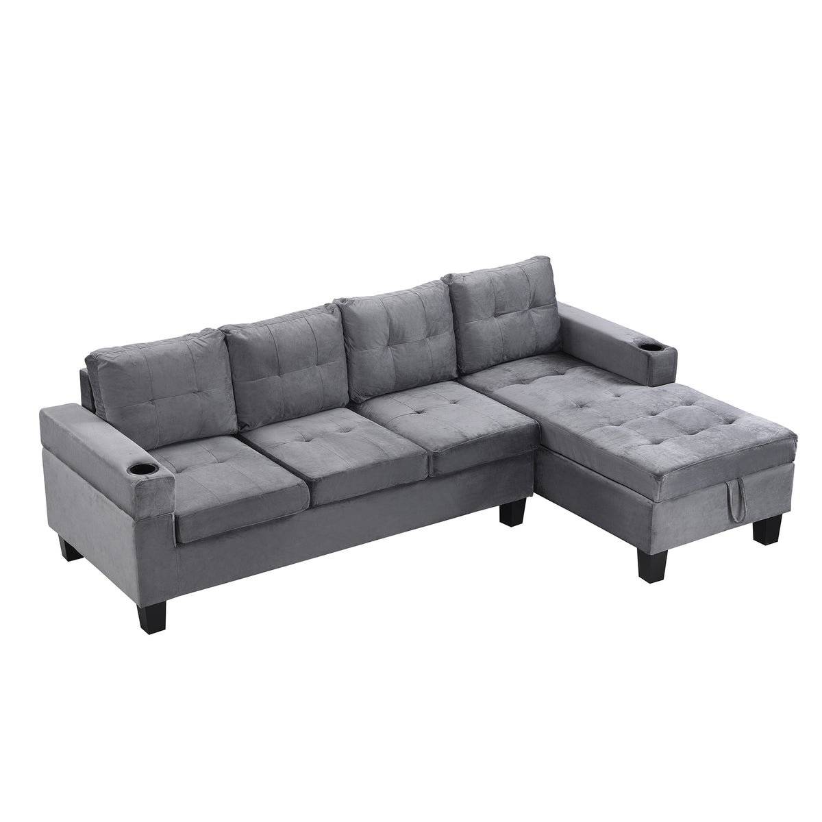 Sectional Sofa Set for Living Room with L ShapeChaise Lounge ,cup holder andRightHand with Storage ChaiseModern 4 Seat (Grey) --RIGHT CHAISE WITH STORAGE K214S00003-djyc