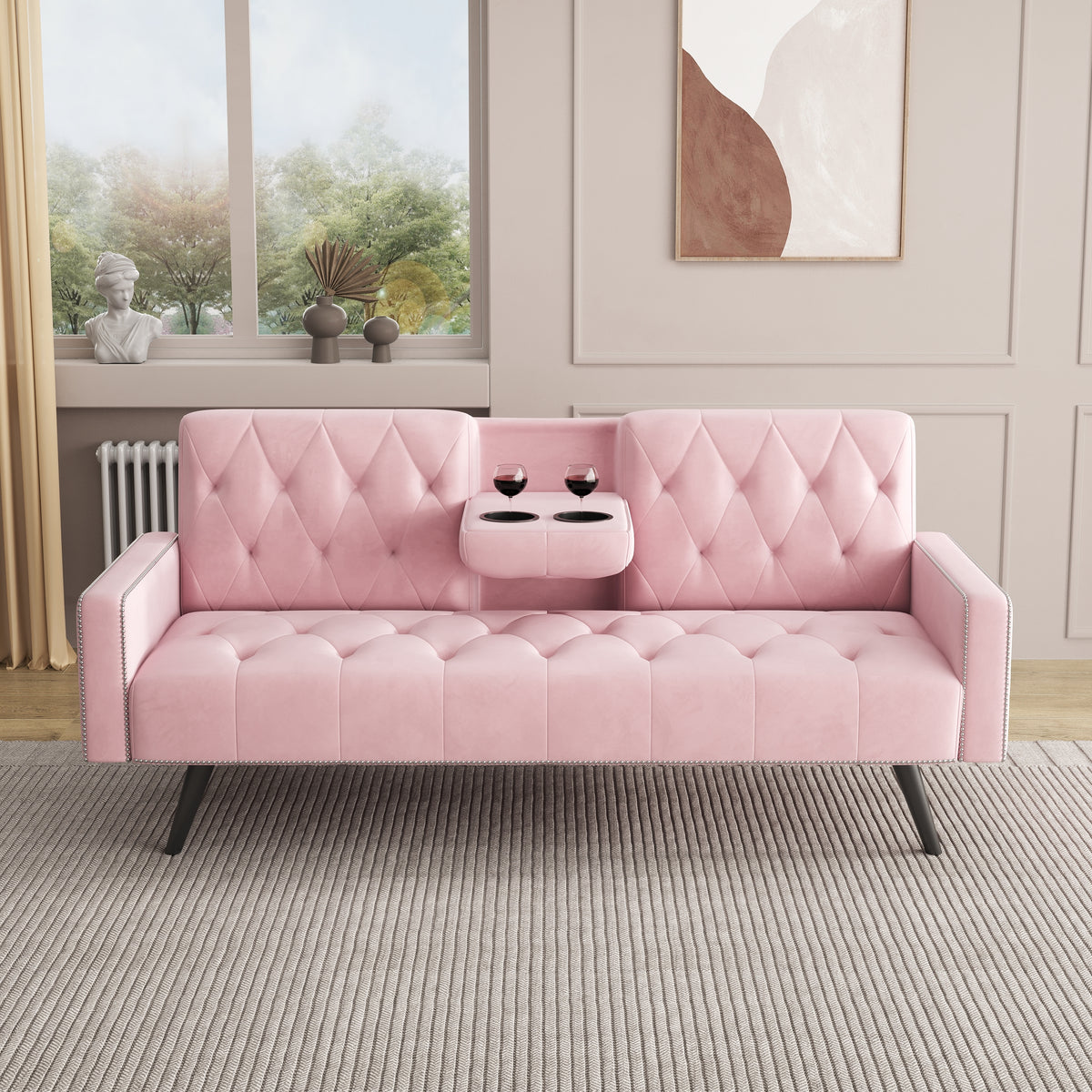 1730 Sofa Bed Armrest with Nail Head Trim with Two Cup Holders 72" Pink Velvet Sofa for Small Spaces W127850868-djyc