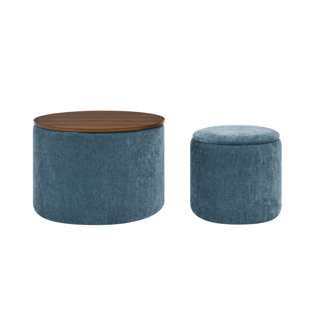 2-Piece Set Round Chenille Storage Ottoman, Equipped with a Drum Shaped Small Stool, Storage Space, and MDF Made Desktop Panel (Dark Blue23.62"x23.62"x16.53") W487P179600-djyc