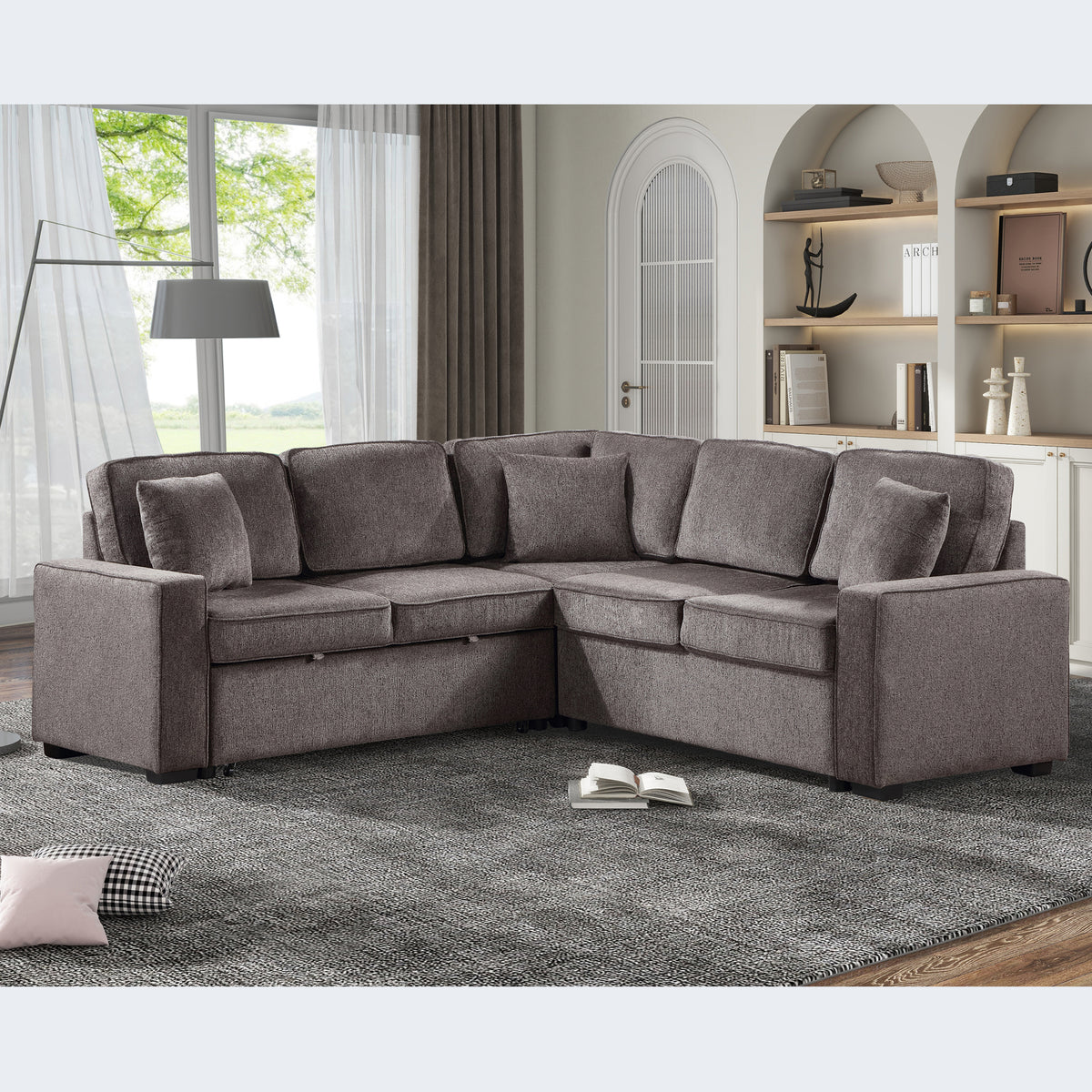 Modular Sofa, Sectional Couch L Shaped Sofa Couch with Pullout Sleeper, 5 Seat Chenille Corner Sofa for Living Room, 3 Pillows Included, Light Brown W1998S00053-djyc