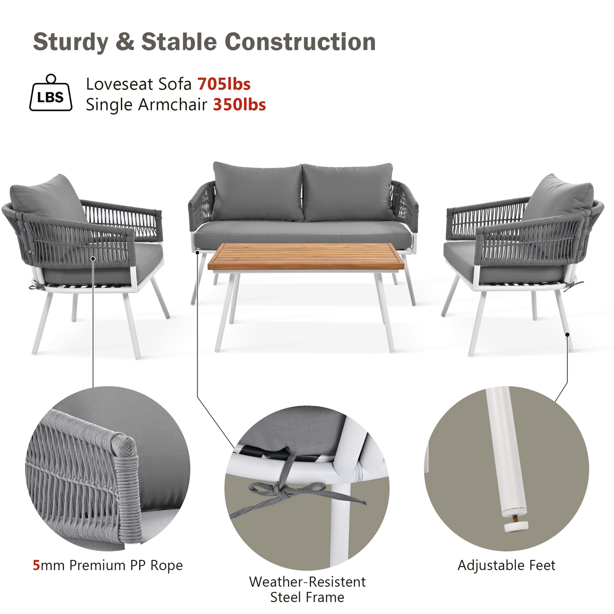 K&K 4-Piece Boho Rope Patio Furniture Set, Outdoor Furniture with Acacia Wood Table, Patio Conversation Setwith Deep Seating & Thick Cushion for Backyard Porch Balcony, Grey SK000004AAG-djyc