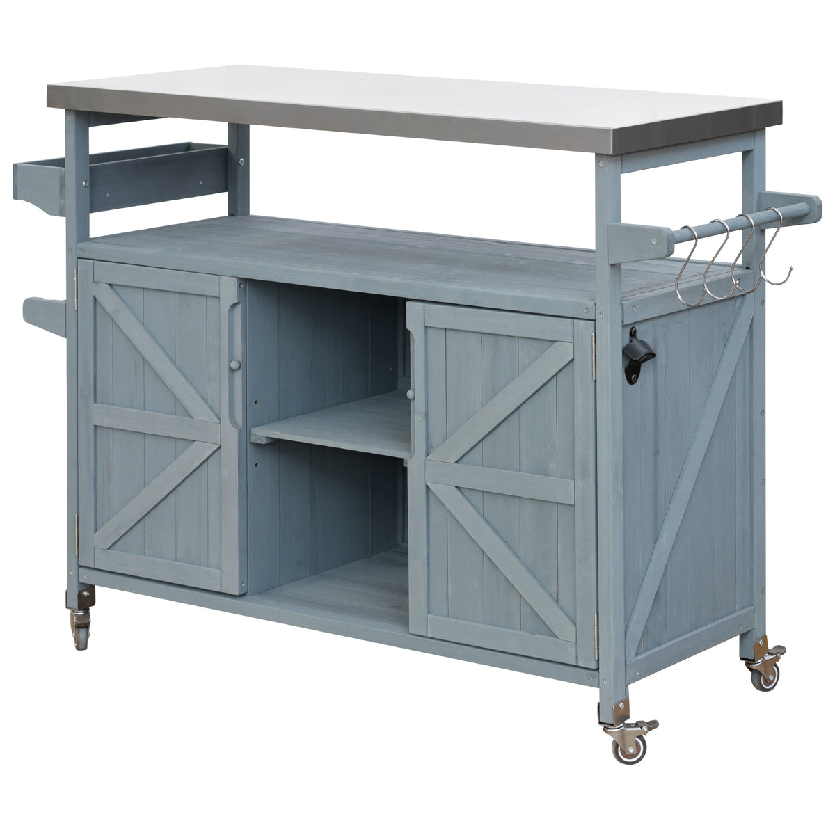 K&K Outdoor Kitchen Island, Rolling Bar Cart & Storage Cabinet, Farmhouse Solid Wood Outdoor Grill Table with Stainless Steel Top, Spice Rack , Towel Rack for Kitchen & BBQ , Grey Blue WF532198AAG-djyc