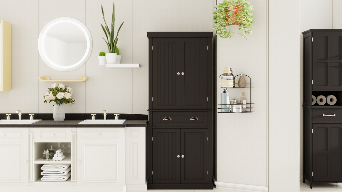 71" Kitchen Pantry Storage Cabinet , with 4 Doors, Drawer, 2 Adjustable Shelves, Freestanding Cupboard for Dining Room Living Room, Laundry-Black W282S00032-djyc