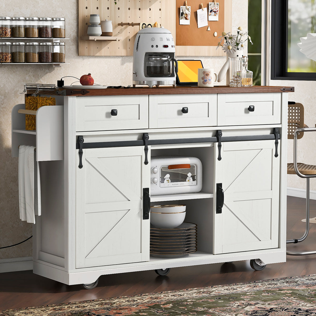 K&K 53.7" Farmhouse Kitchen Island with Power Outlet, 2 Sliding Barn Door Kitchen Storage Island with Drop Leaf, Spice Rack Rolling Kitchen Cart on Wheels, for Home, Kitchen and Dining Room, White N707P170347W-djyc