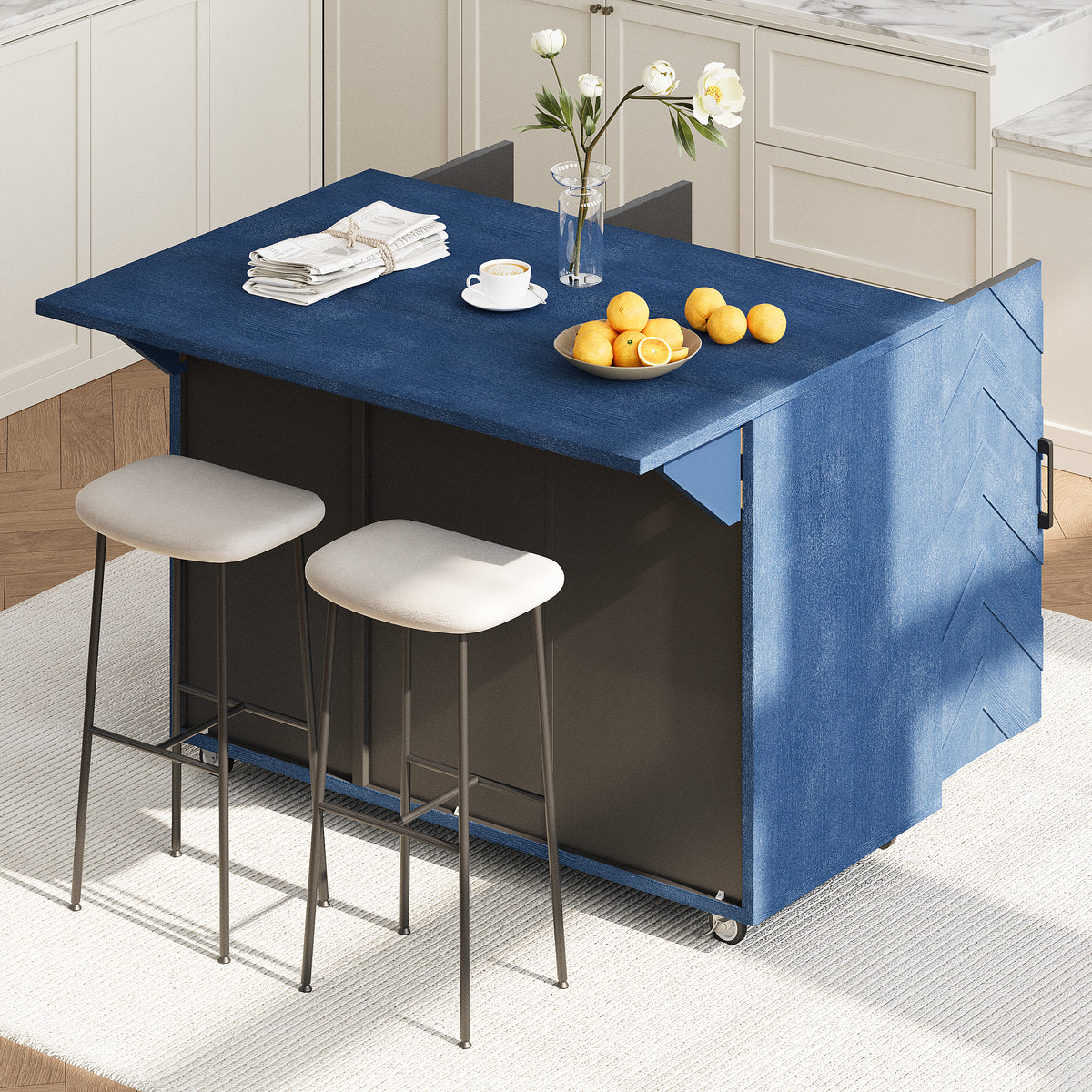 K&K 51.2"W 3D Wave Stripes Ash Veneer(Not Cheap Paper) Kitchen Island with Drop Leaf, Farmhouse Kitchen Island on Wheels with Internal Storage Rack, Rolling Kitchen Cart (Navy Blue) N707P207915E-djyc