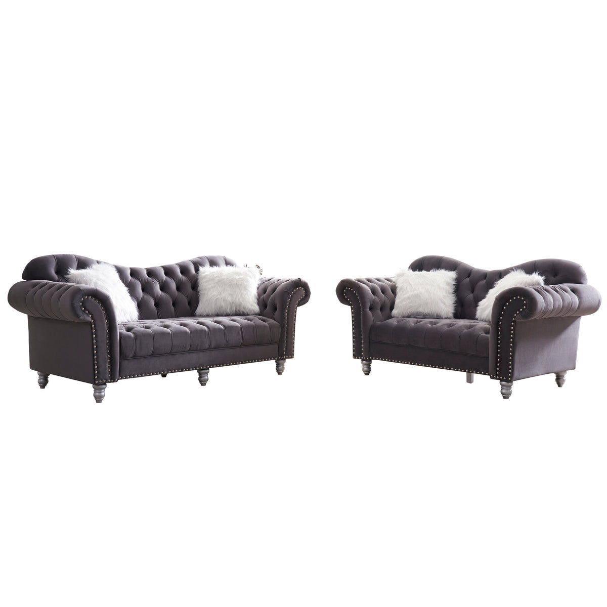 3 Piece Living Room Sofa Set, including 3-Seater Sofa, Loveseat and Sofa Chair, with Button and Copper Nail on Arms and Back, Five White Villose Pillow, Grey. W487S00050-djyc