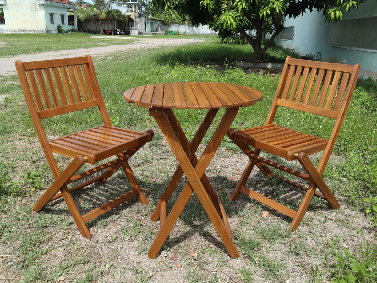 3-Piece Acacia Wood Bistro Set, Wooden Folding Patio Furniture for Garden Backyard Balcony Porch w/ 1 Coffee Table and 2 Foldable Chairs, Light Brown W2640P199982-djyc