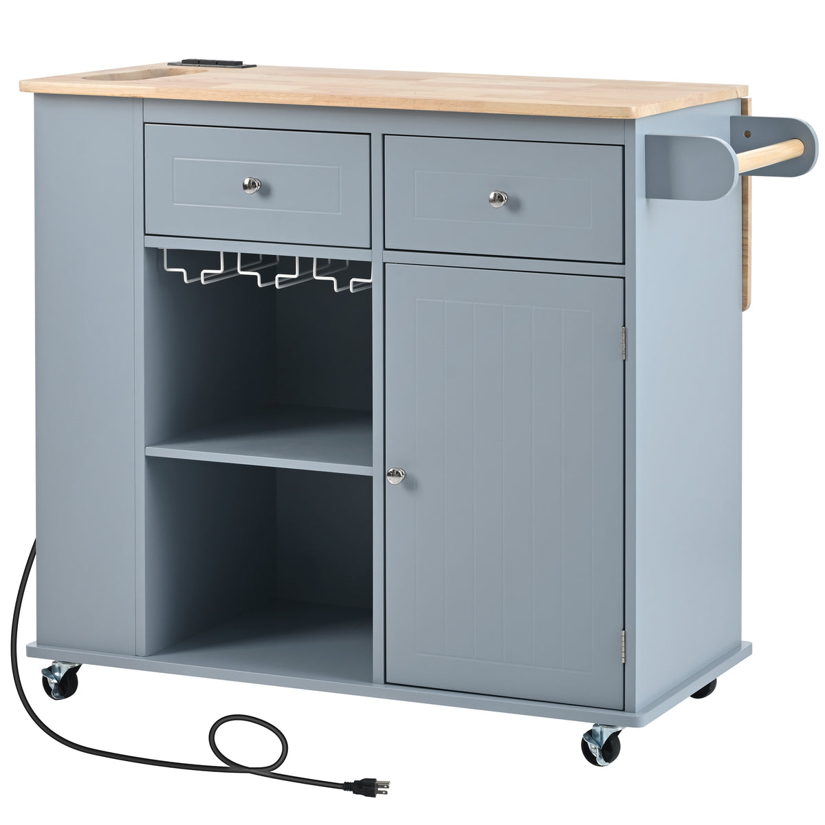 Kitchen Island with Power Outlet,Kitchen Storage Island with Drop Leaf and Rubber Wood,Open Storage and Wine Rack,5 Wheels,with Adjustable Storage for Home, Kitchen, and Dining Room, Grey Blue WF305556AAG-djyc